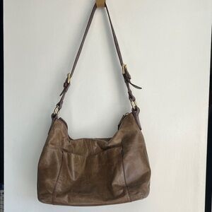 HOBO Brown Leather Slouch Shoulder Bag with Gold Hardware